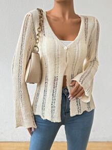 Chiquease Áo len đan nút phía trước Pointelle - Màu be - Xem 1