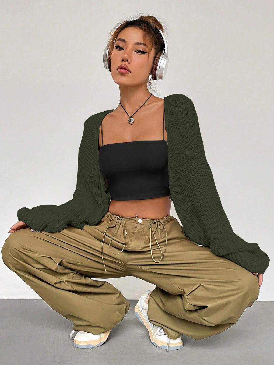 SHEIN Unity Solid Batwing Sleeve Crop Duster Cardigan - Olive Green - View 1