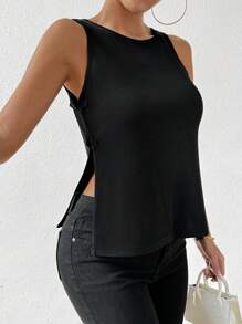 Chiquease Women's Summer Solid Color Chinese Style Knitted Tank Top With Buckle - Black - View 4