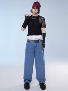 Manfinity Homme Quần jean denim ống rộng dáng rộng giản dị có túi cho nam, phong cách đường phố - Rửa nhẹ - Xem 3