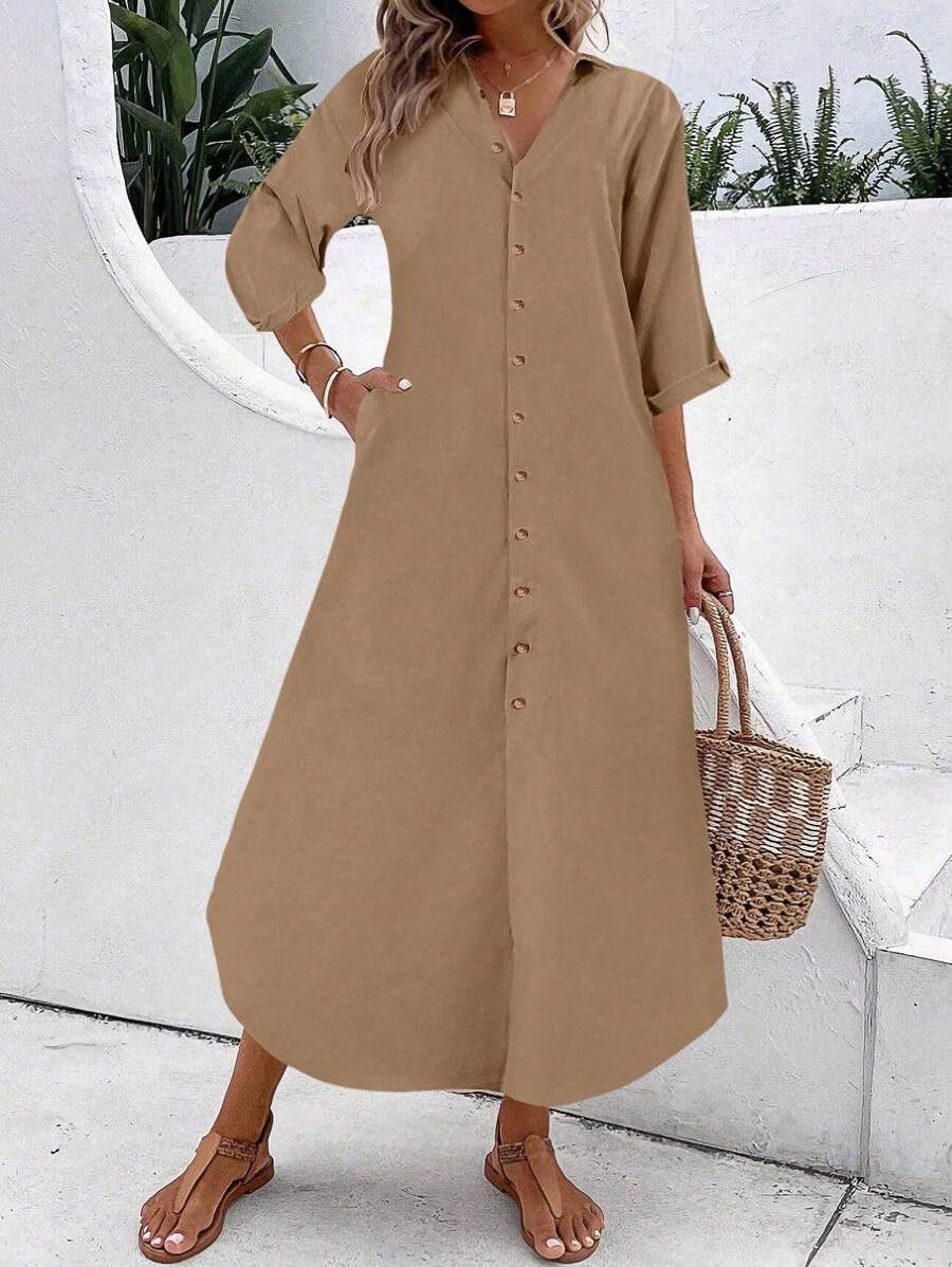 SHEIN LUNE Simple Casual Solid Button Front Shirt Dress - Coffee Brown - View 1