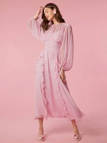 Enchnt Summer Holiday Romantic Elegant Ruffle Trim Lantern Sleeve Ruched Waist Pink Dress - Pink - View 7