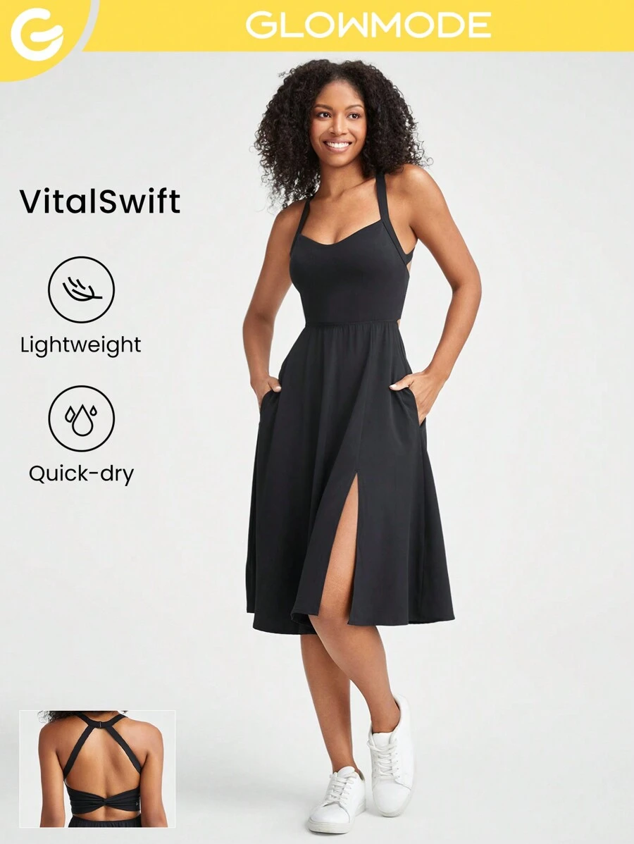 GLOWMODE FeatherFit™-Air U領活動連衣裙，內置VitalSwift短褲 - 黑色 - 查看 1