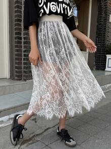 DAZY 女性實色高腰蕾絲裙 - 白色 - 查看 4