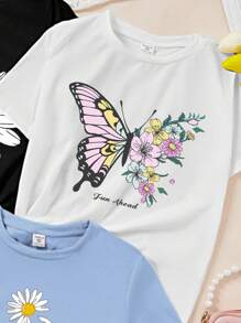 SHEIN EZwear Conjunto de 3 playeras informales de manga corta de corte ajustado para mujer, con diseño sencillo de flores y mariposas. - Multicolor - Ver 5