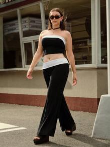 Forever 21 复古学院宽边拼色高弹力修身喇叭裤配紧身裹胸上衣，大码女式 2 件套 - 黑與白 - 查看 7