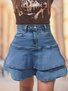 女性時尚Y2K雙層邊條牛仔迷你裙