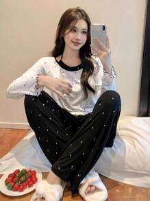 DAZY Polka Dot Printed Fleece Wave Edge 2 In 1 Halter Home Cozy Outfit Lounge Set Fall, Winter Clothes