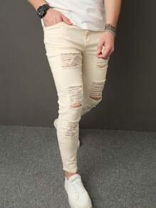 Manfinity LEGND Men's Skinny Stretch Ripped Jeans With Pockets, Casual And Versatile - Khaki - View 5