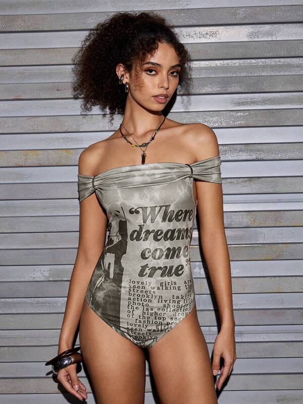 Vitoria Brayner Artist Women's Simple Printed Casual Slim Fit Bodysuit, For Summer, Holiday, Vacation, Beach, Festival, Ibiza Fits