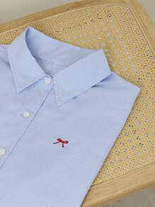 Flirla Bowknot Embroidered Blue Striped Women's Dropped Shoulder Short Sleeve Shirt, Cropped,Short Sleeve Tops