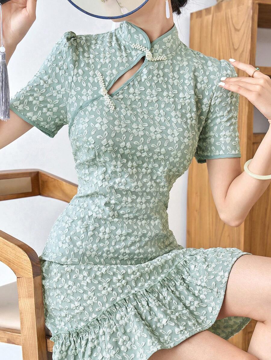 Vestido Tradicional Chino Cheongsam Para Niña Con Estampado Floral De Pavo Real, Cuello De Lágrima Y Manga Corta, Verano