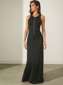 Denimoi Robe de soirée maxi élégante à zip avant moulante