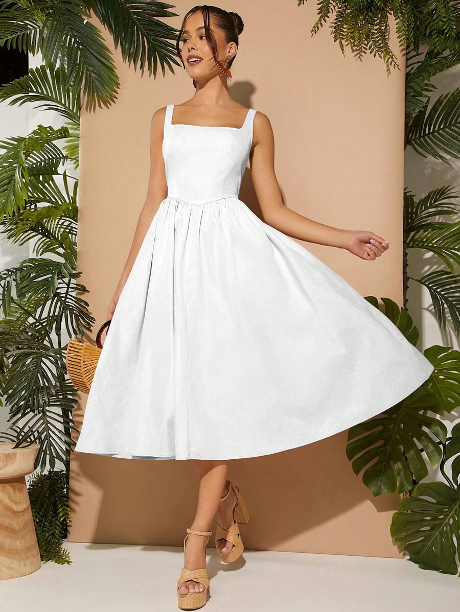 L'Amorae Square Neck Sleeveless Solid Dress - White - View 1