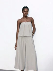 Maija Bộ 2 món vải lanh ống rộng lệch vai thường ngày mùa hè dành cho nữ - Xám - Xem 1