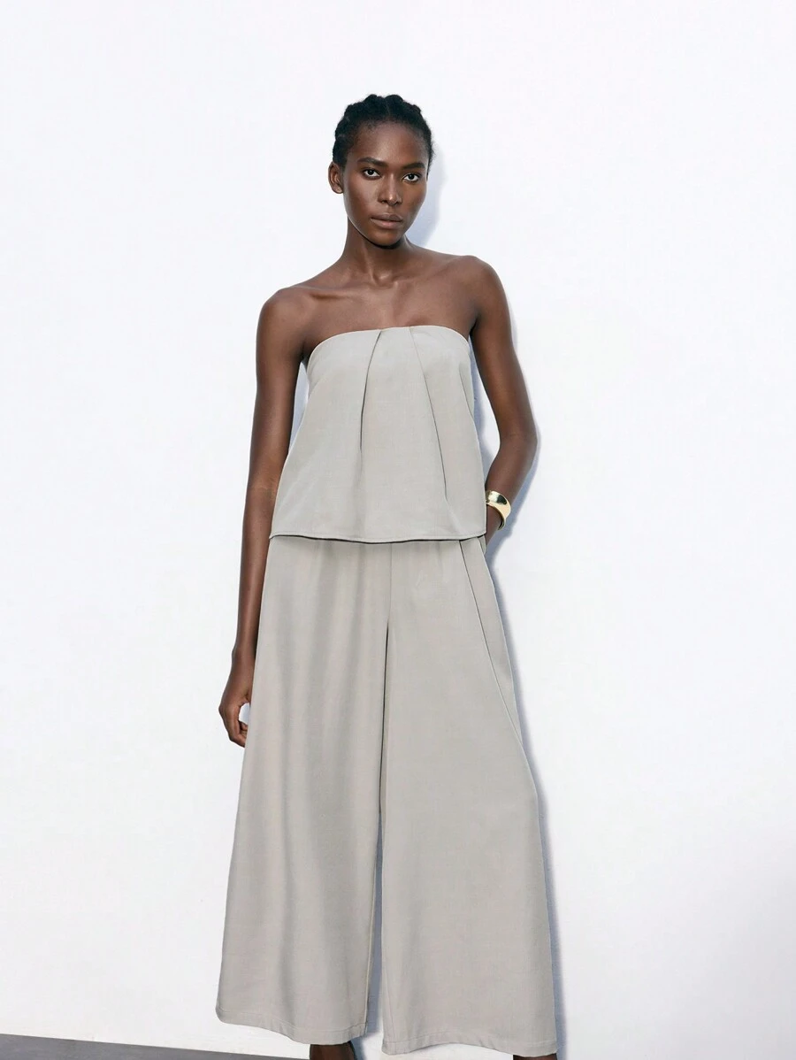 Maija Bộ 2 món vải lanh ống rộng lệch vai thường ngày mùa hè dành cho nữ - Xám - Xem 1