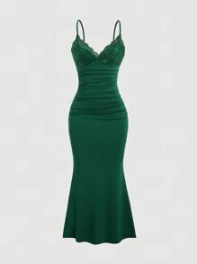 Sweetra Vestido elegante de unicolor con aplicación de encaje, diseño de sirena, vestido maxi de verano para mujer