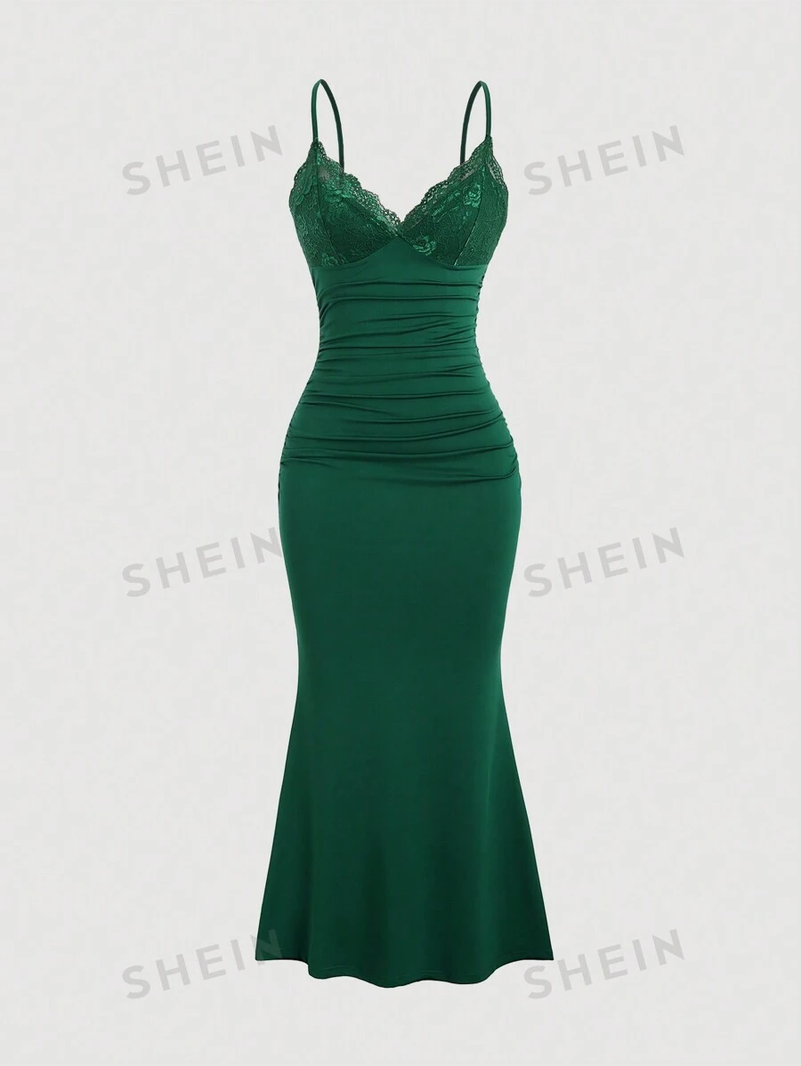 Sweetra Vestido elegante de unicolor con aplicación de encaje, diseño de sirena, vestido maxi de verano para mujer