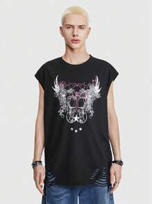 ROMWE MEN ROMWE Avant Men's Summer Casual Cross & Letter Printed Round Neck Top - Black - View 3