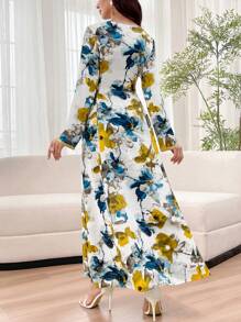 Al Najma Tie-Dye Print Dress With Metallic Trim And Side Tie Fall Cloth For Women