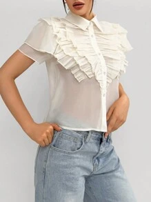 SHEIN Privé 女性浪漫派對/渡假設計感波紋前開領短袖透視襯衫 - 杏色 - 查看 3