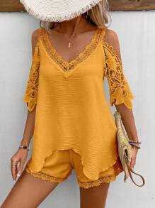 SHEIN LUNE 度假休闲纯色蕾丝拼布露肩上衣短裤两件套服装 - 黃色 - 查看 3
