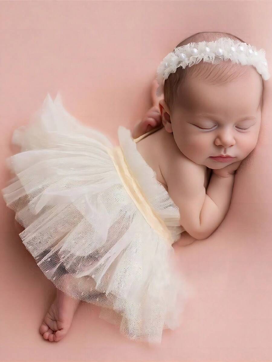 新生儿摄影服装，网眼裙道具服装，适合一个月拍摄或工作室主题拍摄 - 白色 - 查看 1