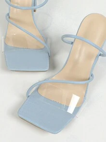 Sandalias de tacón alto color azul claro para dama con punta cuadrada, tacón grueso, tira transparente, suave, sexy, de moda, versátiles y cómodas que realzan la altura y la longitud de las piernas - Celeste - Ver 6