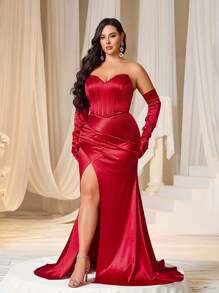 Faeriesty Váy dạ hội trang trọng cỡ lớn không dây cong có đường xẻ cao và viền váy đuôi cá dành cho tiệc tối Gala, lễ trao giải, tiệc khiêu vũ, tiệc từ thiện và tiệc chiêu đãi sang trọng (bao gồm găng tay) - Đỏ - Xem 4