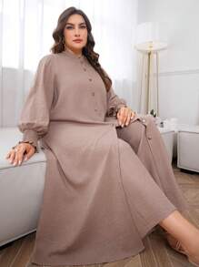 Al Najma Plus Solid Button Front Coat & Pants For Summer, Modest Longline Shirt Set 2 Pieces Set - Khaki - View 4