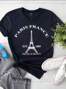 SHEIN LUNE Paris Tower & Slogan Printed Women's Casual Round Neck T-Shirt, Summer PARIS FRANCE EST 1889 TRAVEL IN FRANCE - Navy Blue - View 1