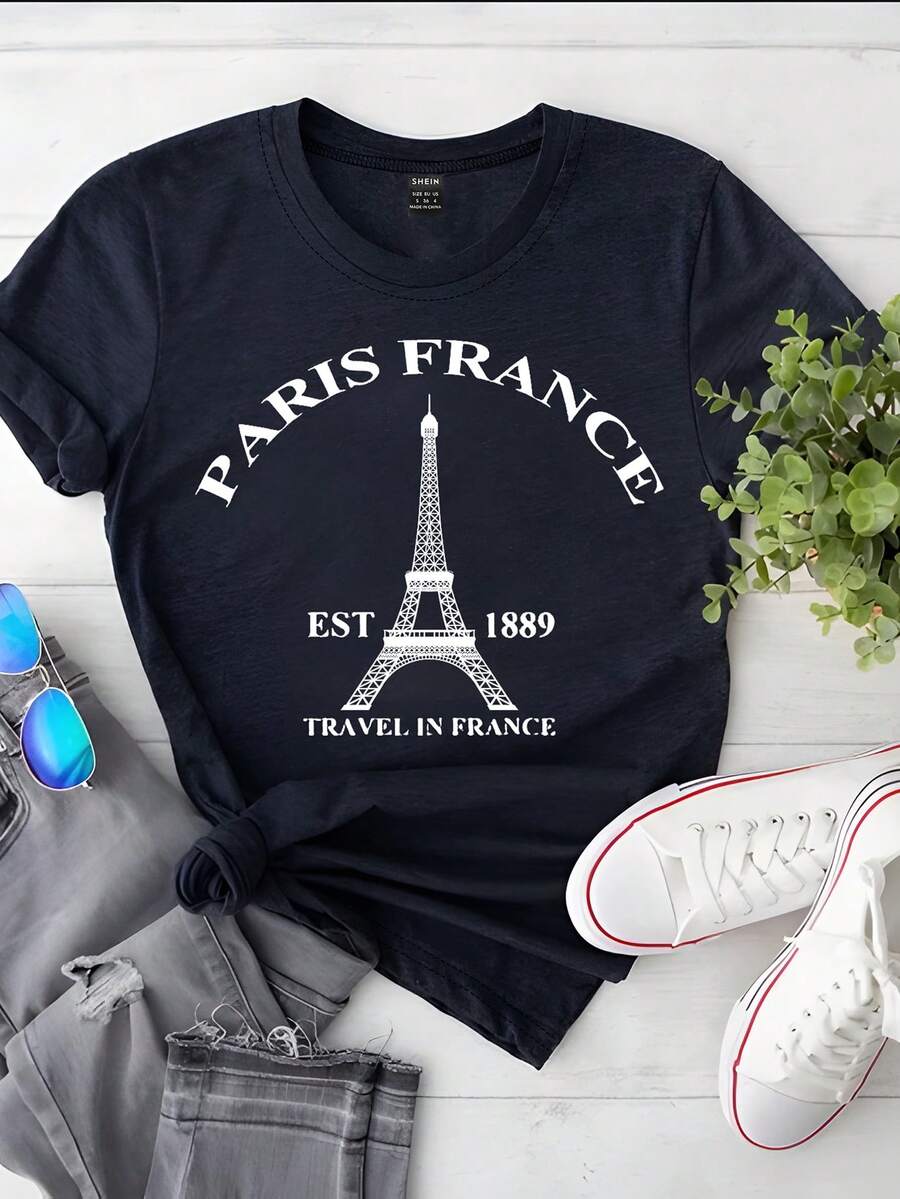 SHEIN LUNE Paris Tower & Slogan Printed Women's Casual Round Neck T-Shirt, Summer PARIS FRANCE EST 1889 TRAVEL IN FRANCE - Navy Blue - View 1