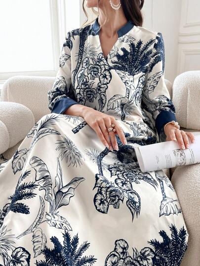 Al Najma Vestito lungo modesto da donna con maniche lunghe, stampa botanica estiva, stile abito arabo, kaftan