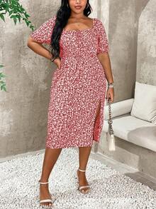 Celure Vestido de verano con estampado floral pequeño y abertura lateral para tallas grandes - Rojo - Ver 4