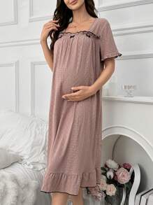 孕妇睡裙，带弹力褶皱和荷叶边下摆，蝴蝶装饰提花面料和方领，睡衣裙 - 藕粉色 - 查看 3