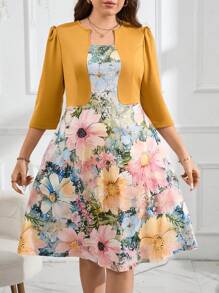 SHEIN Clasi Váy chữ A in hoa cỡ lớn với thiết kế 2 trong 1, tay ngắn và eo thắt cho trang phục giáo viên có túi - Nhiều màu - Xem 3