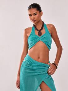 MUSERA Cross Front Detail Halter Neck Bra Crop Top Only Summer Ibiza - Green - View 1