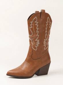 女性西部風格繡花尖頭粗跟高筒靴，牛仔靴款 - 棕色 - 查看 2