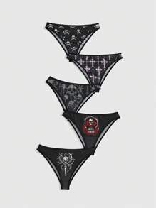 ROMWE Women's Gothic Cross Chain Skull Mesh Floral Printed 5 Pieces Set - Black - View 1