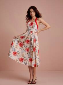 Chiquease Váy in hoa ngẫu nhiên có dây đeo màu tương phản hở lưng trang trí vòng sắt - Nhiều màu - Xem 5