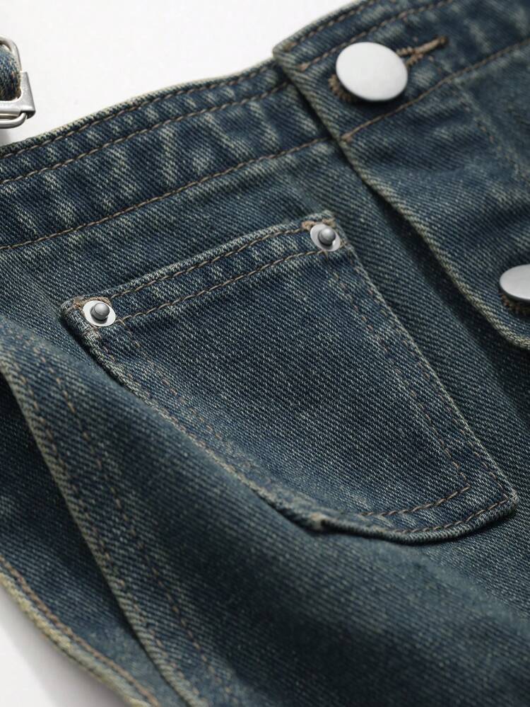 Pantalones cortos de peto de mezclilla con botón delantero sólido para verano