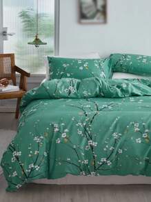 3pcs Plum Blossom Pattern Polyester Printed Duvet Cover Set, Ink Painting Style Bedding Set Pillowcase+Duvet Cover, Suitable For All Seasons - Pastel Green - View 1