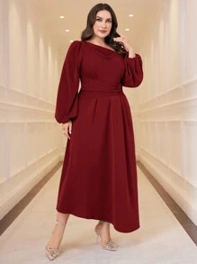 Modelyn Vestido de verano elegante de talla grande con mangas farol asimétricas, cintura ceñida y color rojo burdeos