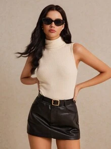 SHEIN Frenchy Turtleneck Ribbed Knit Tank Top Winter Casual - Beige - View 4