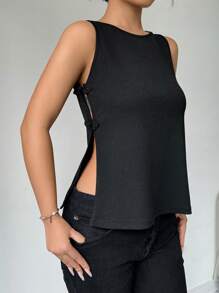 Chiquease Women's Summer Solid Color Chinese Style Knitted Tank Top With Buckle - Black - View 3