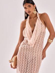 MUSERA Sexy Sheer Halter Cowl Neck Maxi Dress Summer Vacation Spring Beach Wedding Guest, Elegant, Date Night, - Apricot - View 4