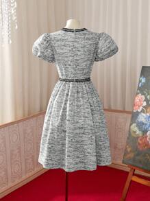 Women's Madeline Puff Sleeve Round Neck Two-Tone Summer Short Sleeve Dress