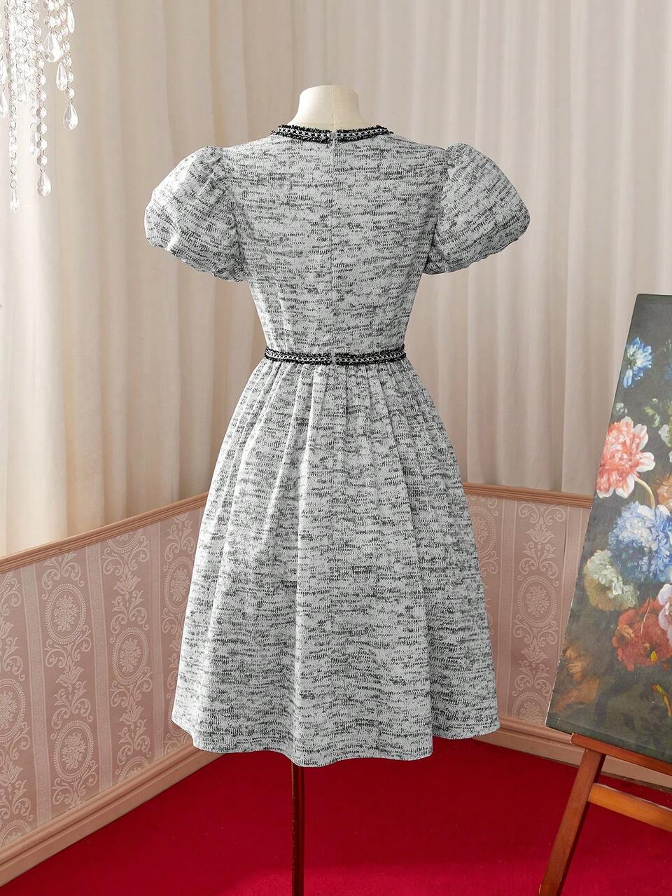 Women's Madeline Puff Sleeve Round Neck Two-Tone Summer Short Sleeve Dress