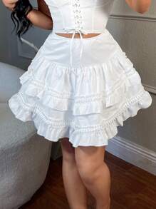 SHEIN SXY High-Waisted Multi-Layer Lace Mini White Skirt, Sexy Western Wear Birthday Bachelorette Party Concert Club Graduation Skirt - White - View 3
