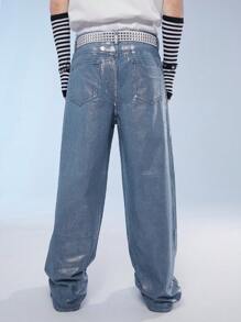 Manfinity Roghcode Men's Baggy Wide Leg Casual Jeans With Pockets, Streetwear - Light Wash - View 2